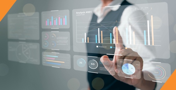 Business professional utilizing a virtual interface to present graphs and data featuring Textkernel's 37 degree angle orange crop.